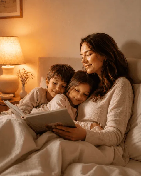 Mother reading a bedtime story to her children
