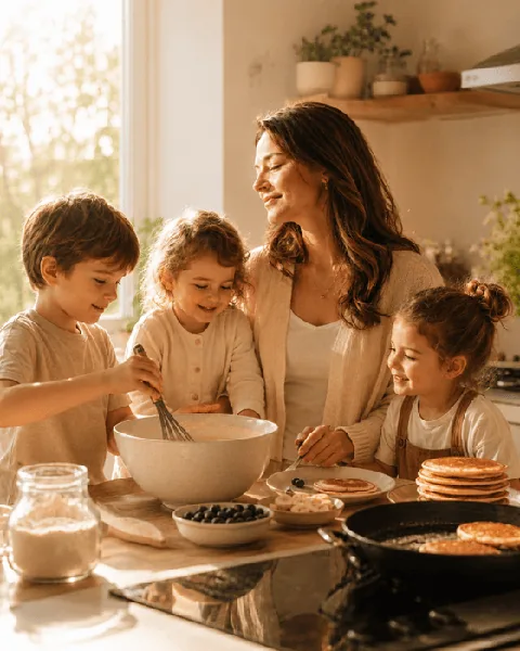 Mother making Saturday morning pancakes with her children