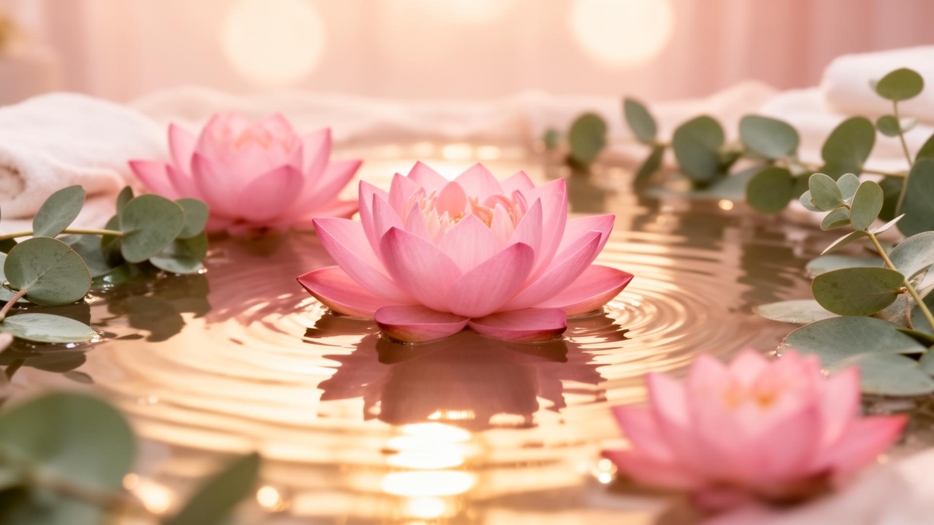 Peaceful lotus flowers floating on still water